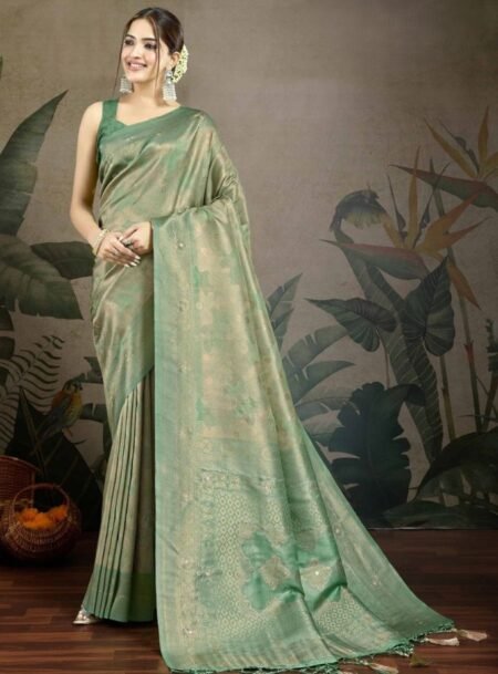 Green Hand Aari Work Silk Saree With Blouse Piece