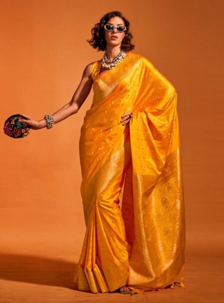 Yellow Satin Banarasi Silk Saree With Blouse Piece
