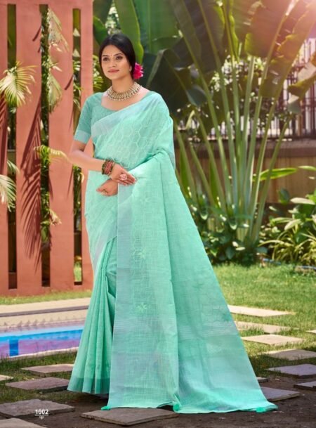 Sky Blue Linen Cotton Saree With Blouse Piece