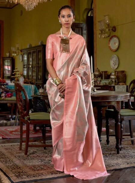 Peach Kanjivaram Handloom Weaving Silk Saree With Blouse Piece