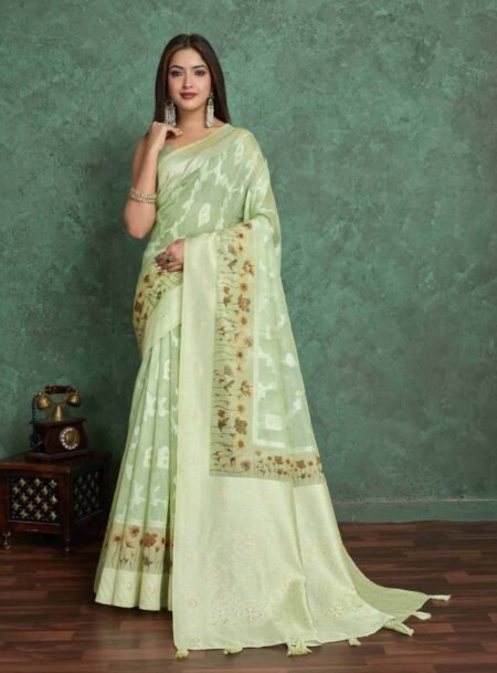 Parrot Green Pure Cotton Lucknowi Woven Print Banarasi Saree With Blouse Piece