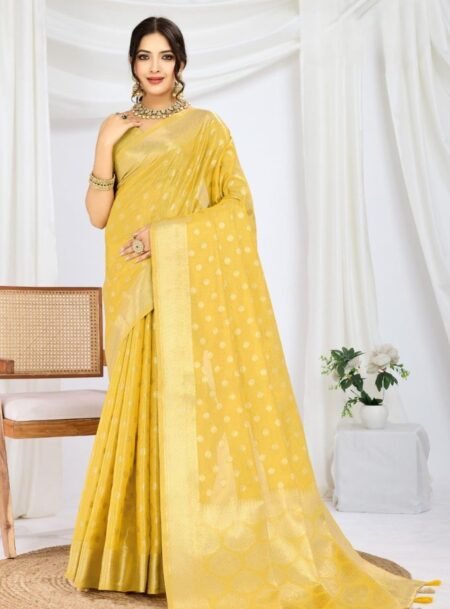 Yellow Pure Tissue Silk Banarasi Saree With Blouse Piece