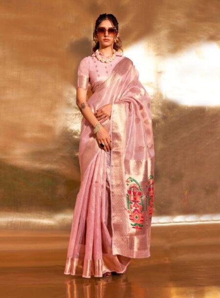 Baby Pink Paithani  Zari Tissue Saree With Blouse Piece