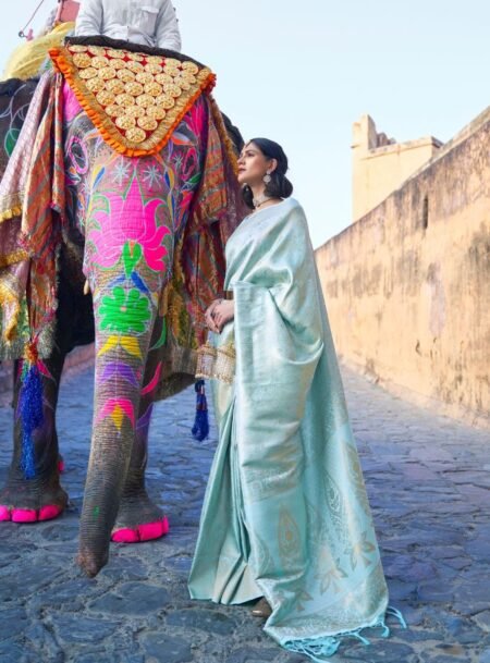 Ice Blue Kanjivaram Handloom Weaving Silk Saree With Blouse Piece