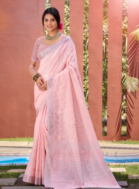 Pestel Pink Linen Cotton Saree With Blouse Piece