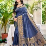 Navy Blue Assam Silk Saree With Blouse Piece