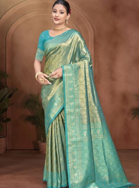 Blue Kanjivaram Silk Saree With Blouse Piece