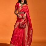 Red Satin Banarasi Silk Saree With Blouse Piece