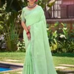 Sea Green Linen Cotton Saree With Blouse Piece
