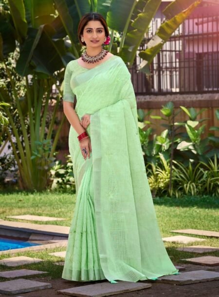 Sea Green Linen Cotton Saree With Blouse Piece