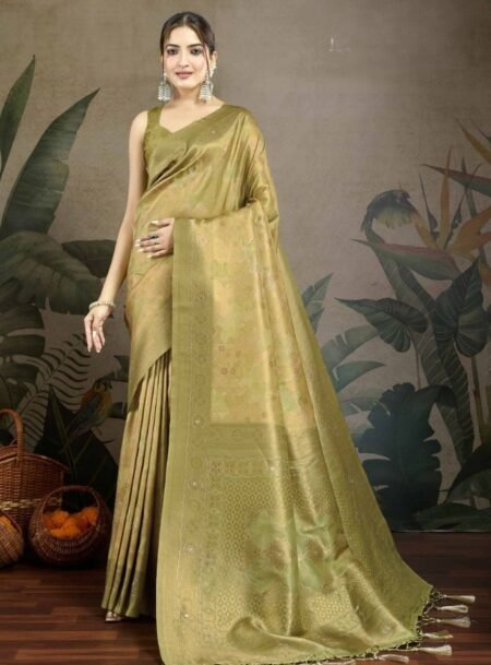 Mehendi Green Hand Aari Work Silk Saree With Blouse Piece