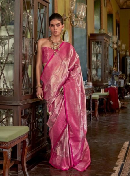Pink Kanjivaram Handloom Weaving Silk Saree With Blouse Piece