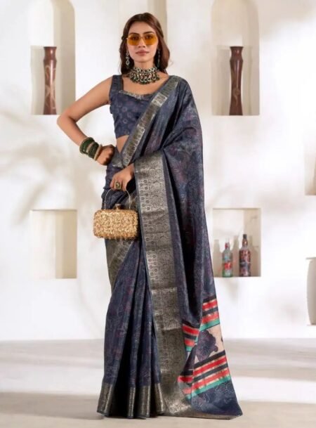 Blue Printed Banarasi Soft Silk Saree With Blouse Piece