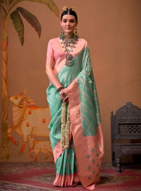 Green & Pink Party Wear Handloom Weaving Silk With Blouse Piece