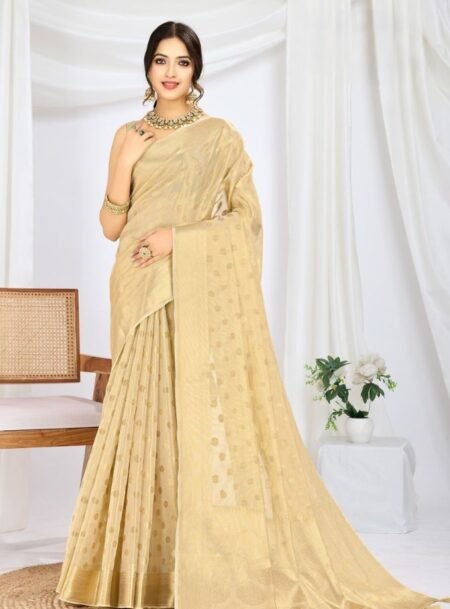 Beige Pure Tissue Silk Banarasi Saree With Blouse Piece