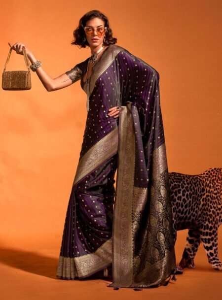 Violet Satin Banarasi Silk Saree With Blouse Piece