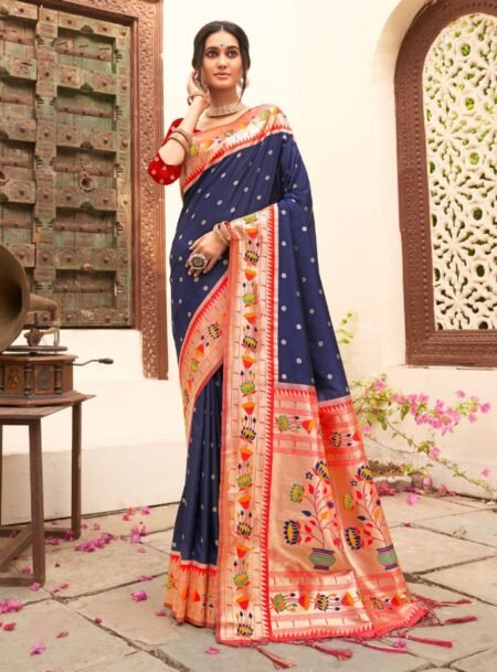 Navy Blue Paithani Saree With Blouse Piece