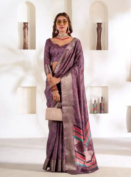Purple Printed Banarasi Soft Silk Saree With Blouse Piece