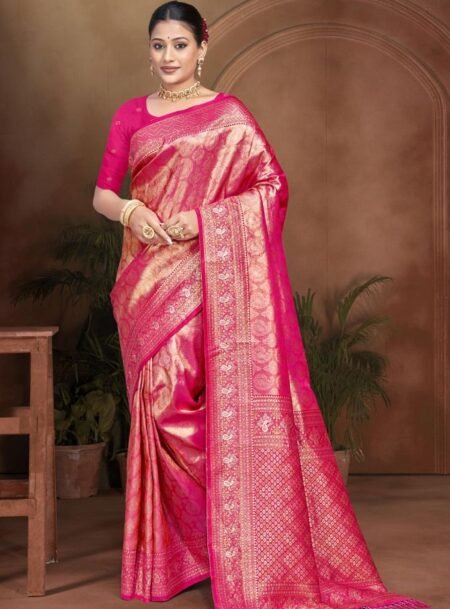 Pink Kanjivaram Silk Saree With Blouse Piece