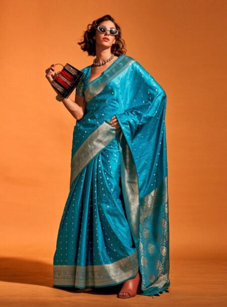Blue Satin Banarasi Silk Saree With Blouse Piece