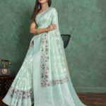 Sea Green Pure Cotton Lucknowi Woven Print Banarasi Saree With Blouse Piece