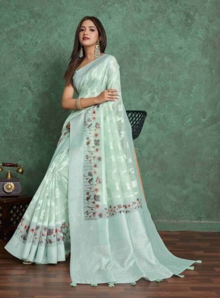 Sea Green Pure Cotton Lucknowi Woven Print Banarasi Saree With Blouse Piece