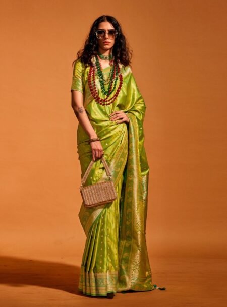Green Satin Banarasi Silk Saree With Blouse Piece