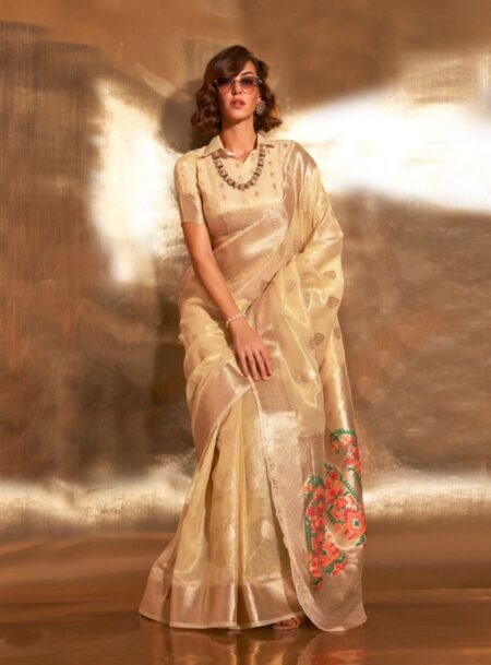 Light Yellow Paithani  Zari Tissue Saree With Blouse Piece