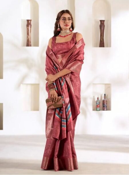 Dusty RedPrinted Banarasi Soft Silk Saree With Blouse Piece