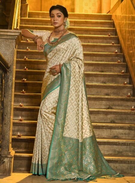 Cream & Sea Green Banarasi Silk Saree With Blouse Piece