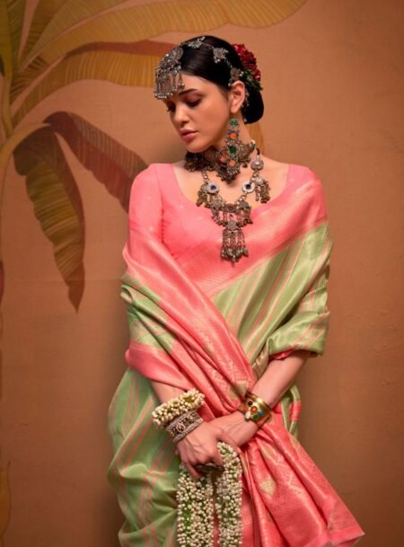 Pista & Pink Party Wear Handloom Weaving Silk Saree With Blouse Piece