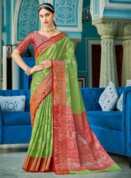 Light Green Linen Cotton Saree With Blouse Piece