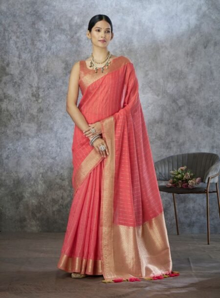 Strawberry Red Zari Tissue Handloom Weaving Silk Saree With Blouse Piece