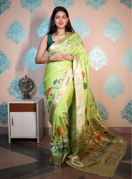 Lime Green Paithani Soft Silk With Gold Jari All Over Jal & Butti With Rich Pallu Saree With Blouse Piece