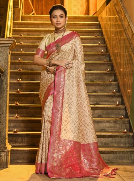 Cream & Red Banarasi Silk Saree With Blouse Piece