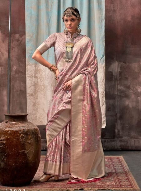 Blush Pink Pure Satin Handloom Weaving Kanjivaram Silk Saree With Blouse Piece