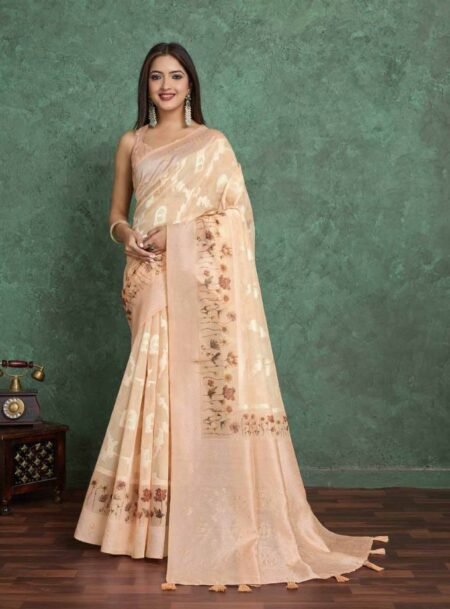 Beige Pure Cotton Lucknowi Woven Print Banarasi Saree With Blouse Piece