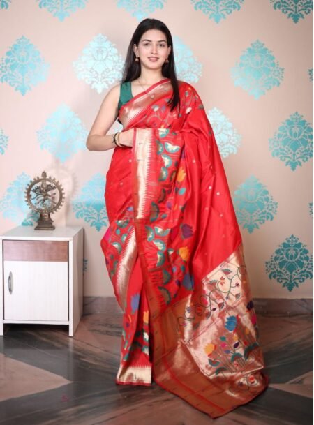 Red Paithani Soft Silk With Gold Jari All Over Jal & Butti With Rich Pallu Saree With Blouse Piece