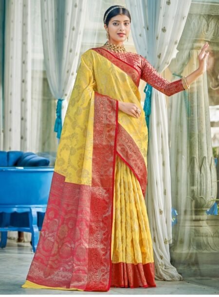 Yellow Linen Cotton Saree With Blouse Piece