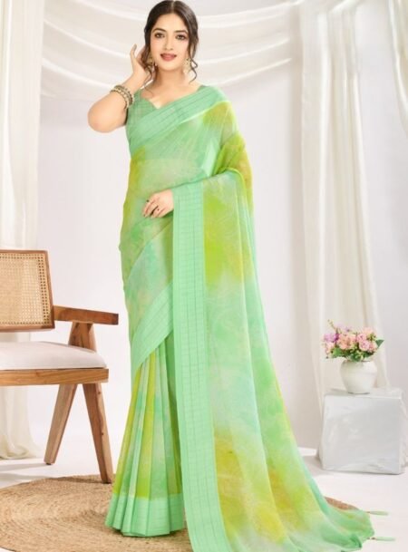 Light Gree & Yellow Waitless Saree With Blouse Piece
