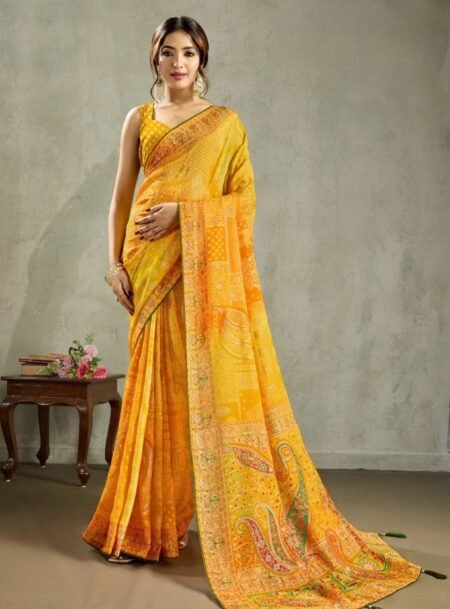 Yellow Georgette Double Shaded Waitless Saree With Blouse Piece
