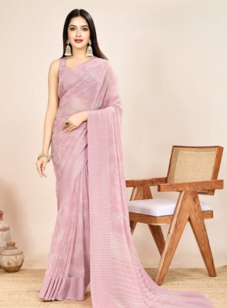 Peach Georgette Waitless Saree With Blouse Piece
