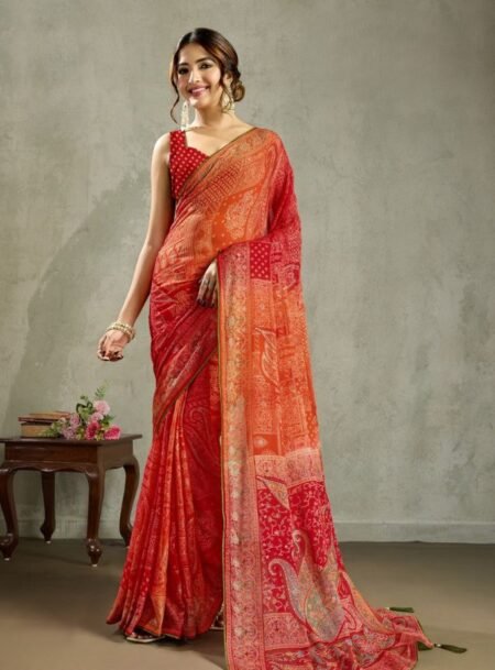 Rust Georgette Double Shaded Waitless Saree With Blouse Piece