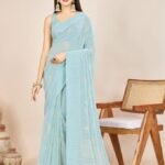 Light Cyan Georgette Waitless Saree With Blouse Piece
