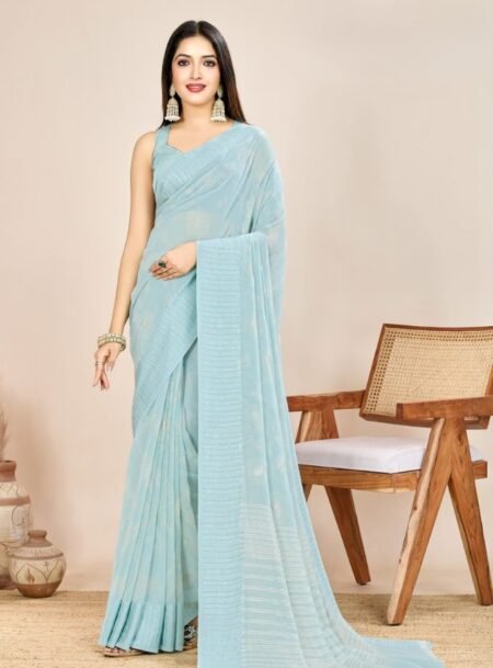 Light Cyan Georgette Waitless Saree With Blouse Piece