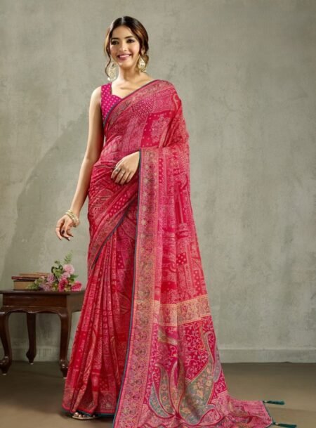 Red Georgette Double Shaded Waitless Saree With Blouse Piece