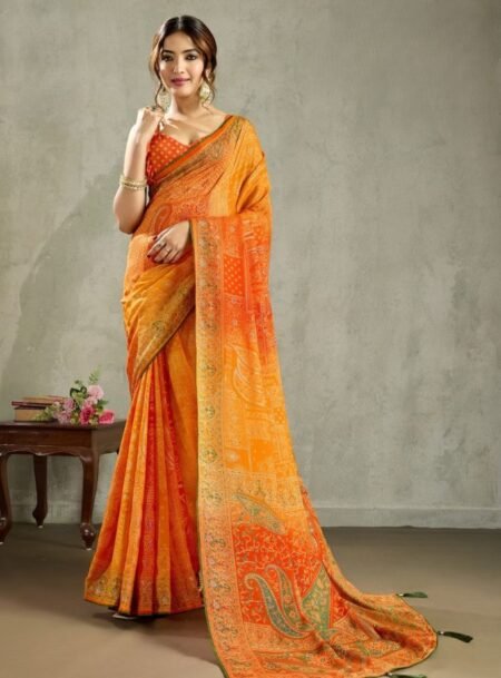 Orange Georgette Double Shaded Waitless Saree With Blouse Piece