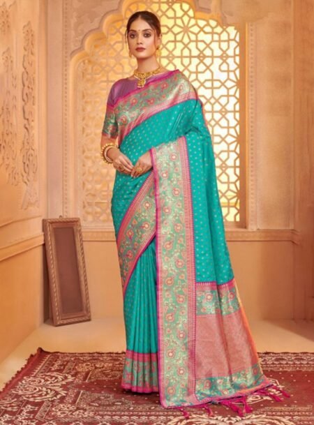 Sea Green Banarasi Silk Saree With Blouse Piece