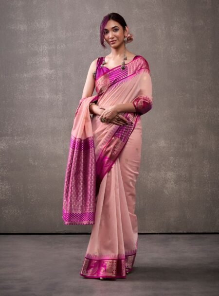 Baby Pink Patola Silk Saree With Blouse Piece