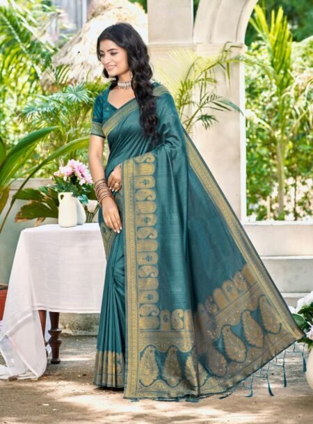 Teal Blue Assam Silk Saree With Blouse Piece